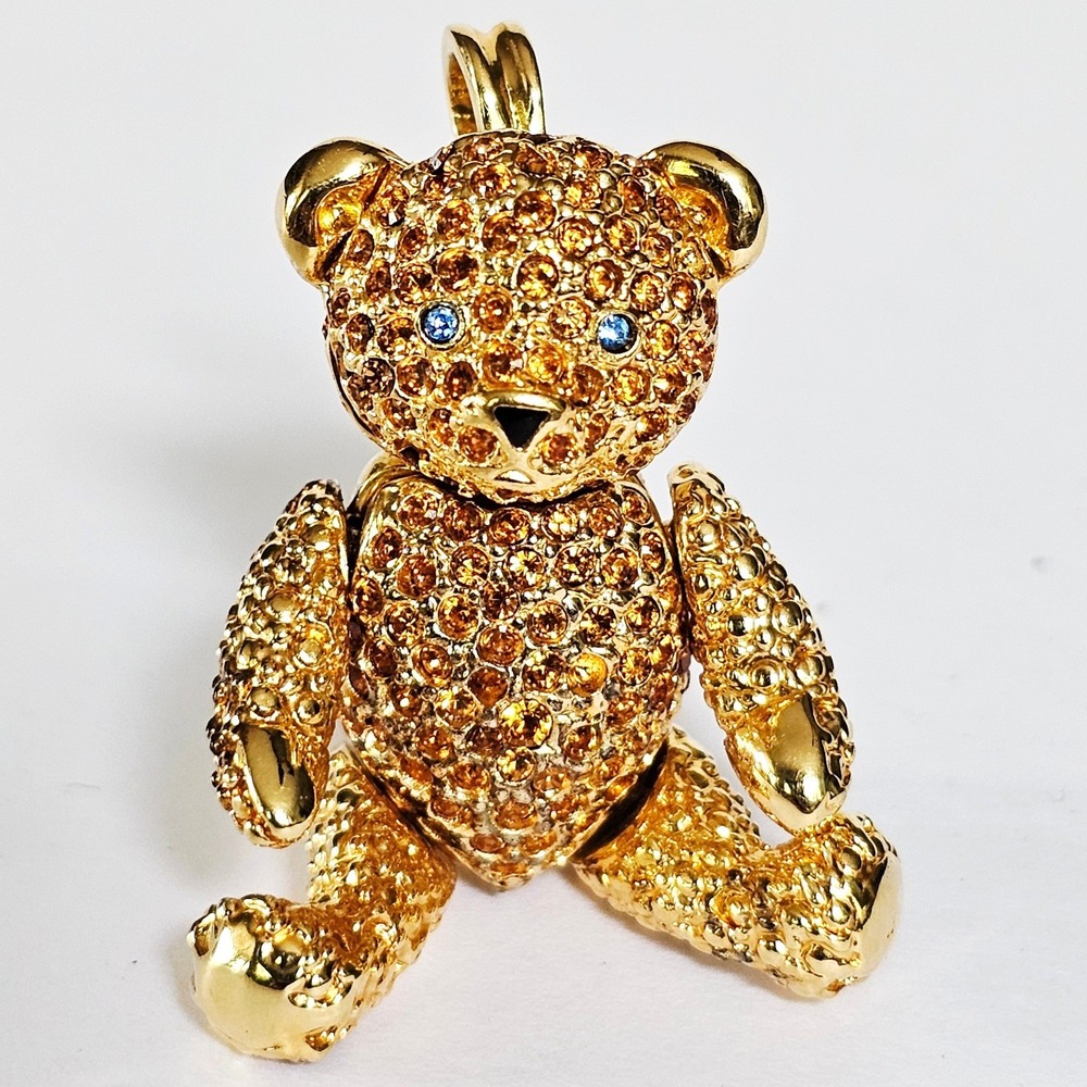 Vtg PJM Teddy Bear Blue Eyes Brooch Pendant Articulated Gold Amber Rhinestone